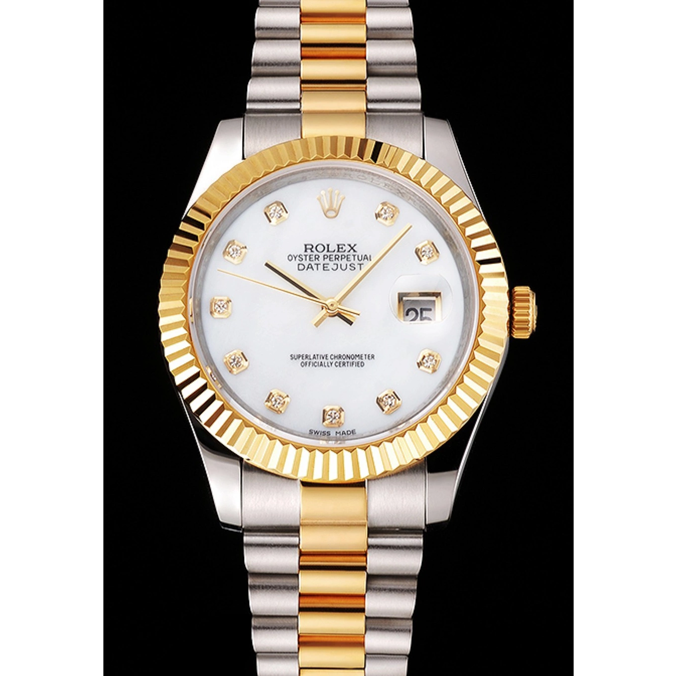 Good copy rolex watches Swiss Bracelet Marks Diamond Stainless Hour White Two Dial Tone Case Rolex Bezel Datejust Steel Gold 0729